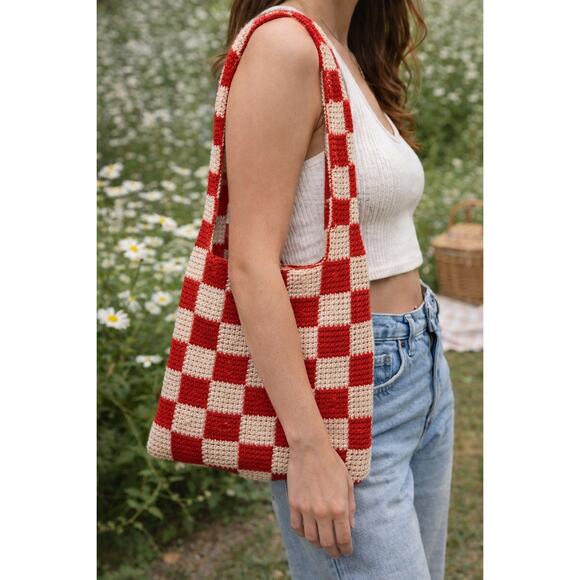 Handmade Handbags - Handmade Crochet Checkerboard Tote Bag Red White Picnic Style